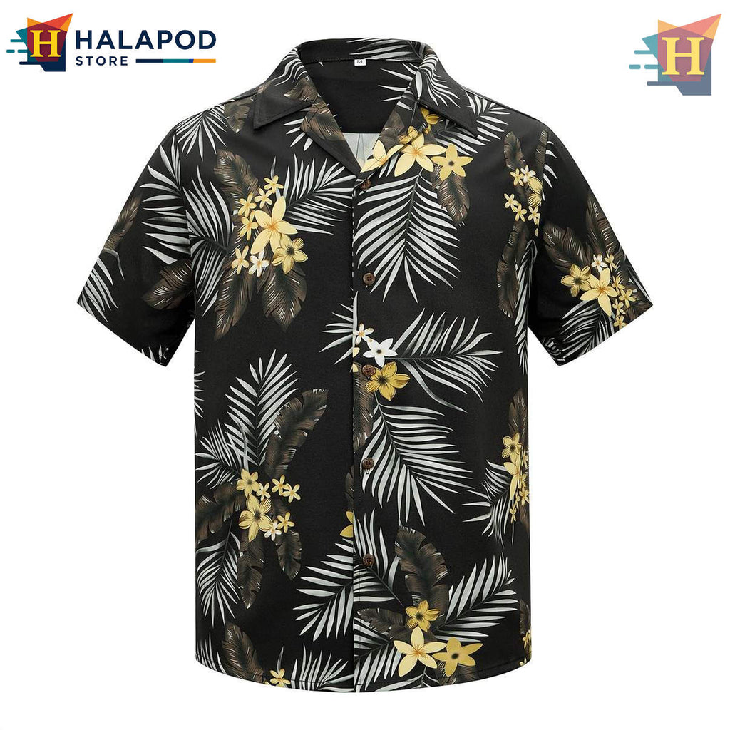 Black Palm Leaf Hawaiian Shirt Mens Tropical Button Down Summer Beach Outfit