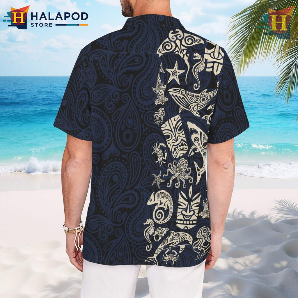 Black Shark Tiki Hawaiian Shirt Funny Tropical Summer Beach Casual Mens Shirt