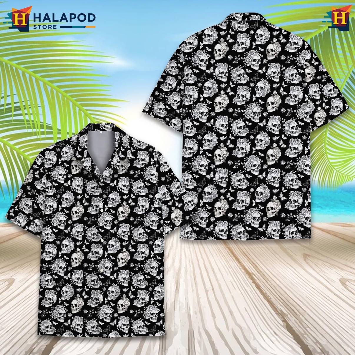 Black Skull Funny Tropical Shirt Alien UFO Short Sleeve Button Down Apparel