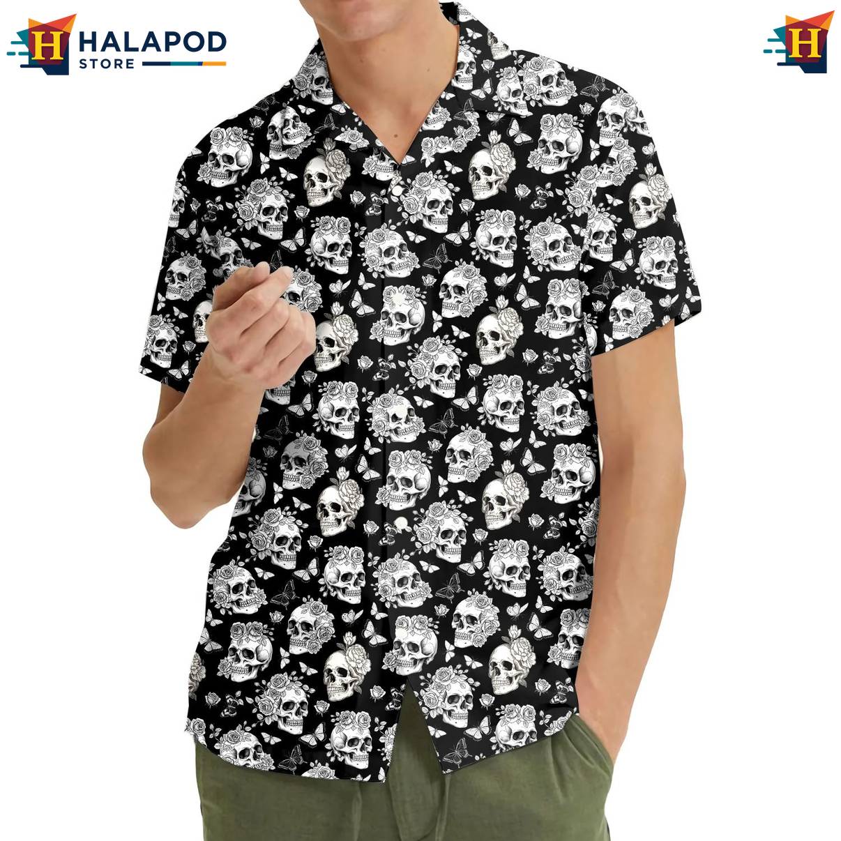 Black Skull Funny Aloha Shirt Alien UFO Short Sleeve Button Down Apparel