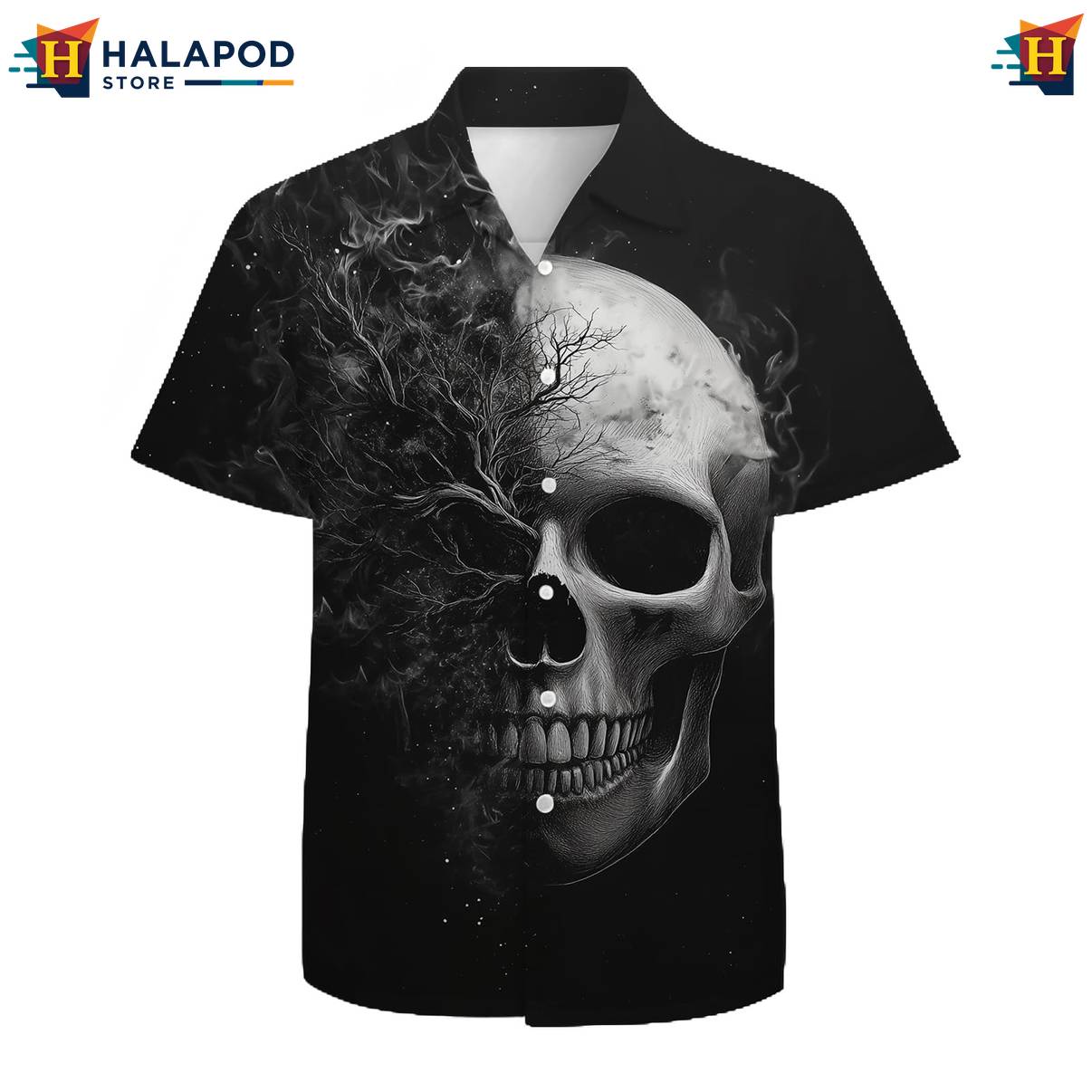 Black Skull Tropical Hawaiian Shirt Mens Short Sleeve Floral Button Down
