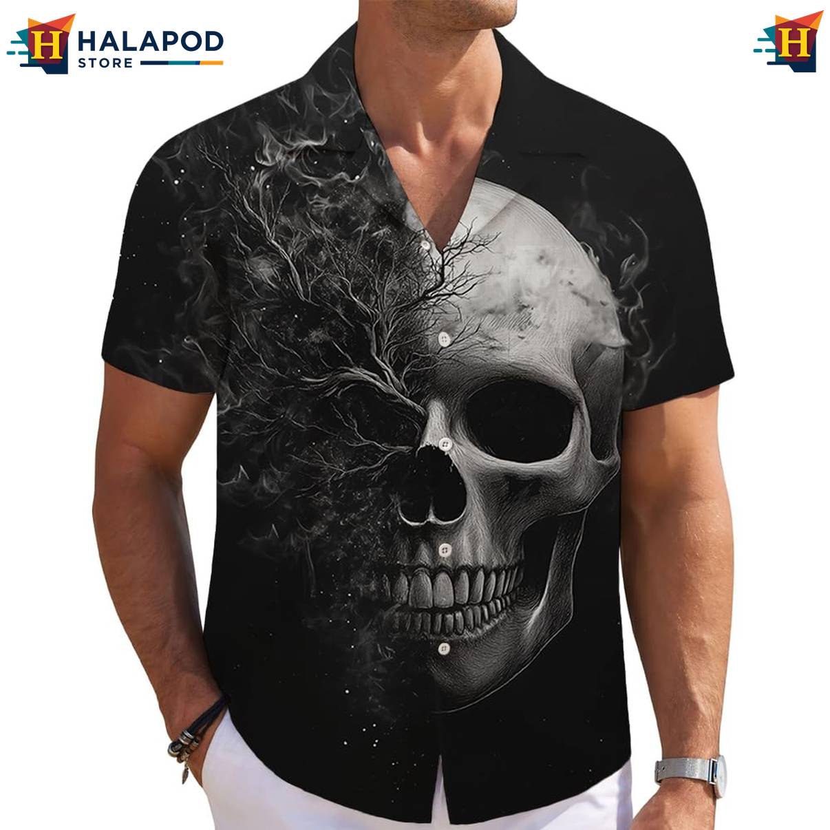 Black Skull Tropical Short-sleeve button-up shirt Mens Short Sleeve Floral Button Down