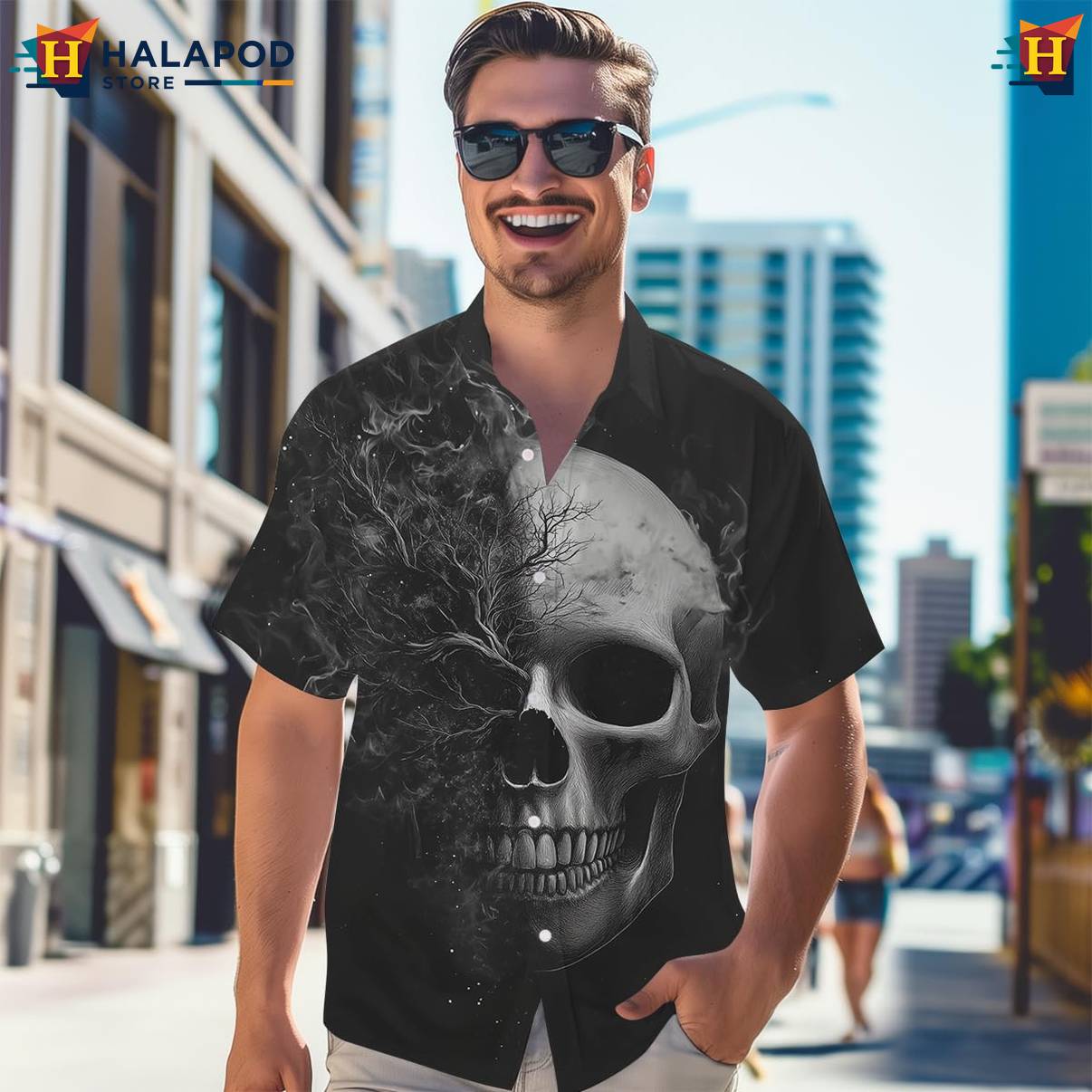 Black Skull Tropical Tropical Shirt Mens Short Sleeve Floral Button Down