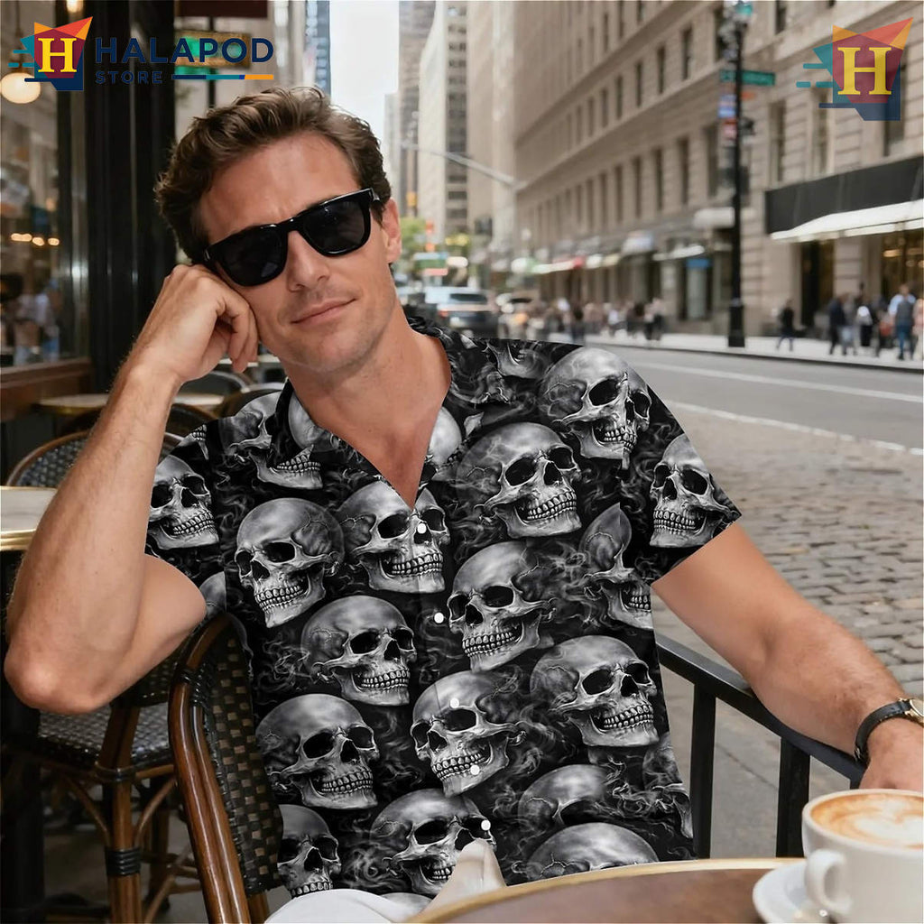 Black Smoke Skull Hawaiian Shirt Funny Tropical Summer Beach Holiday Mens Shirt