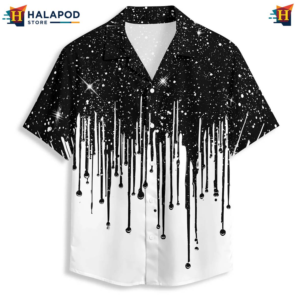 Black Star Drip Print Hawaiian Shirt Mens Short Sleeve Floral Button Down