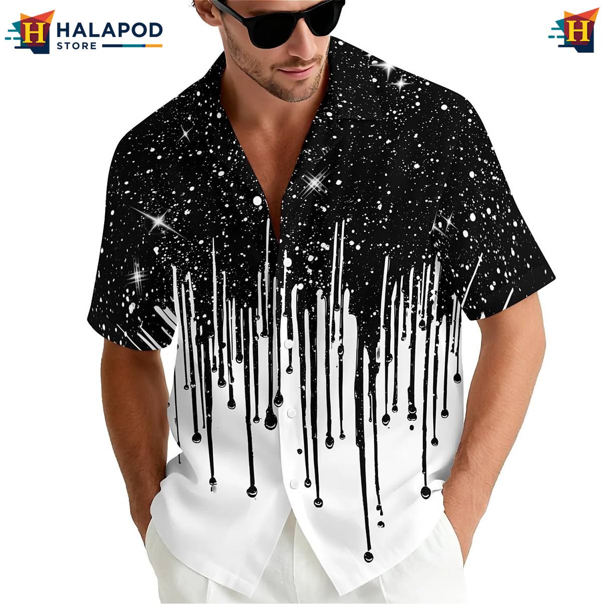 Black Star Drip Print Short-sleeve button-up shirt Mens Short Sleeve Floral Button Down