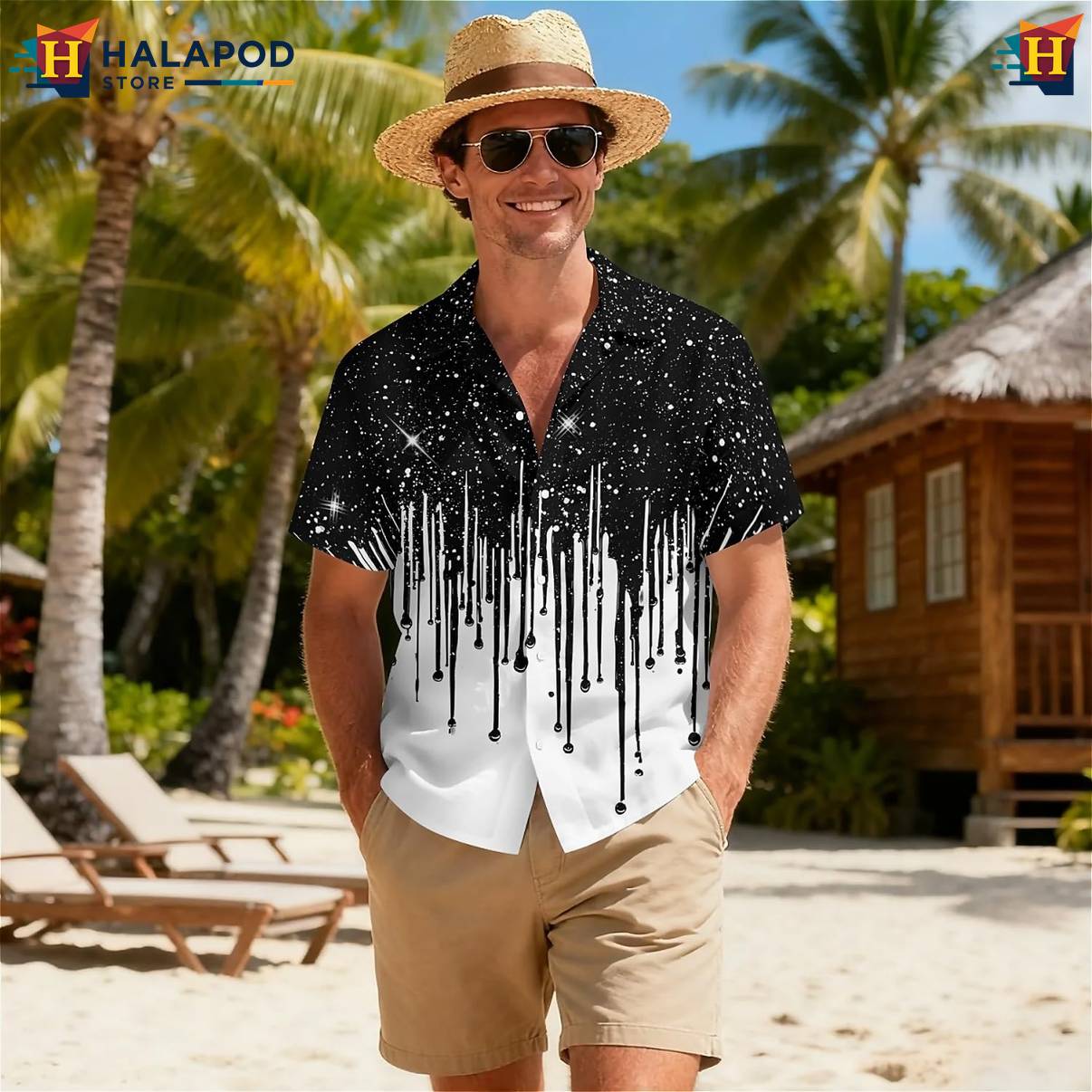 Black Star Drip Print Tropical Shirt Mens Short Sleeve Floral Button Down