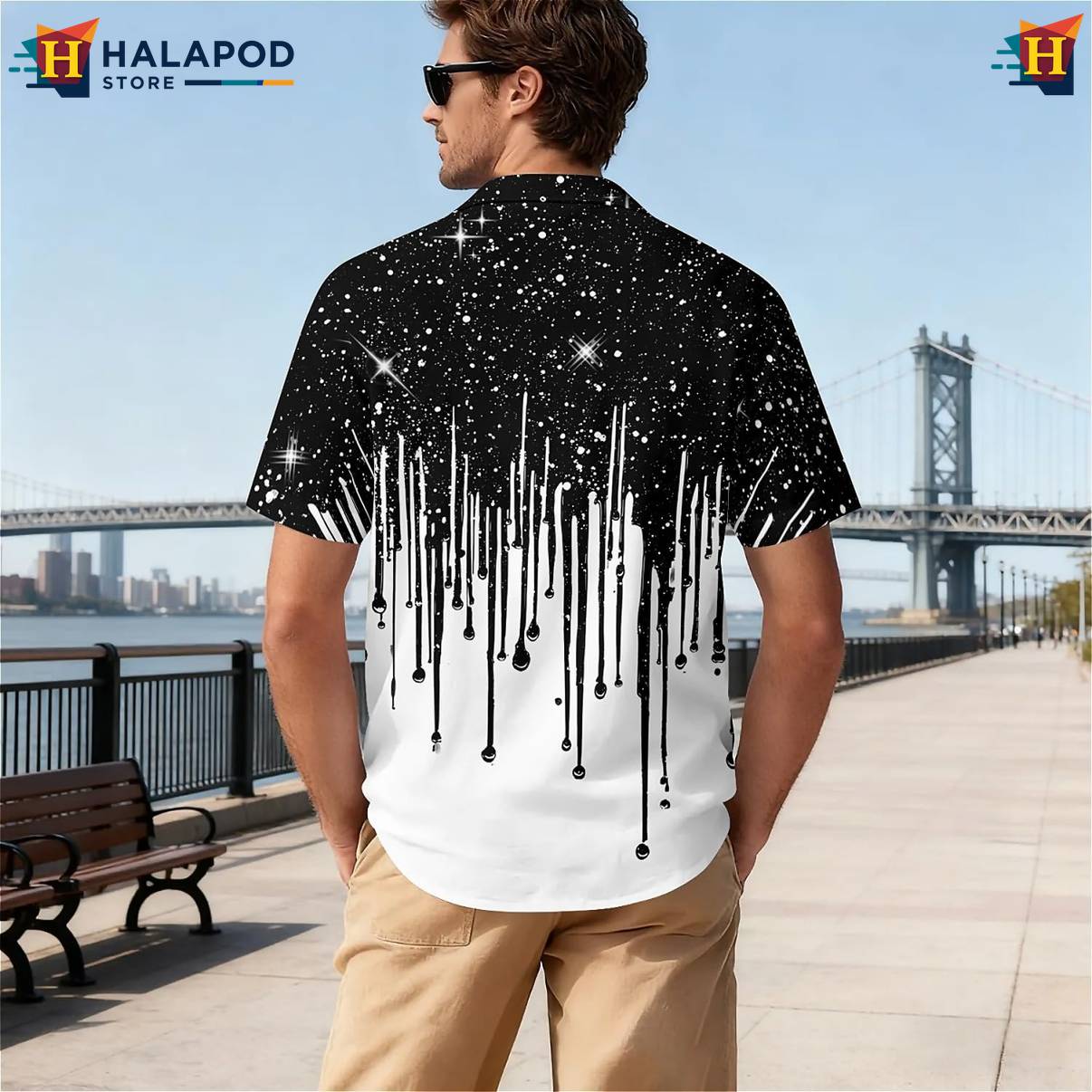 Black Star Drip Print Aloha Shirt Mens Short Sleeve Floral Button Down