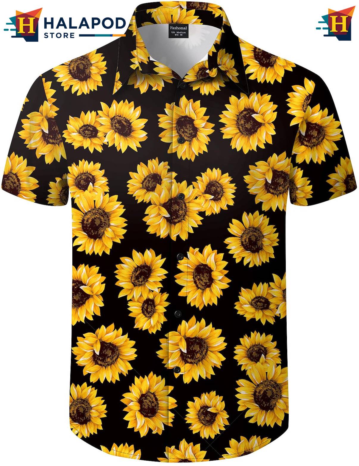 Black Sunflower Hawaiian Shirt Mens Tropical Beach Button Down Short Sleeve