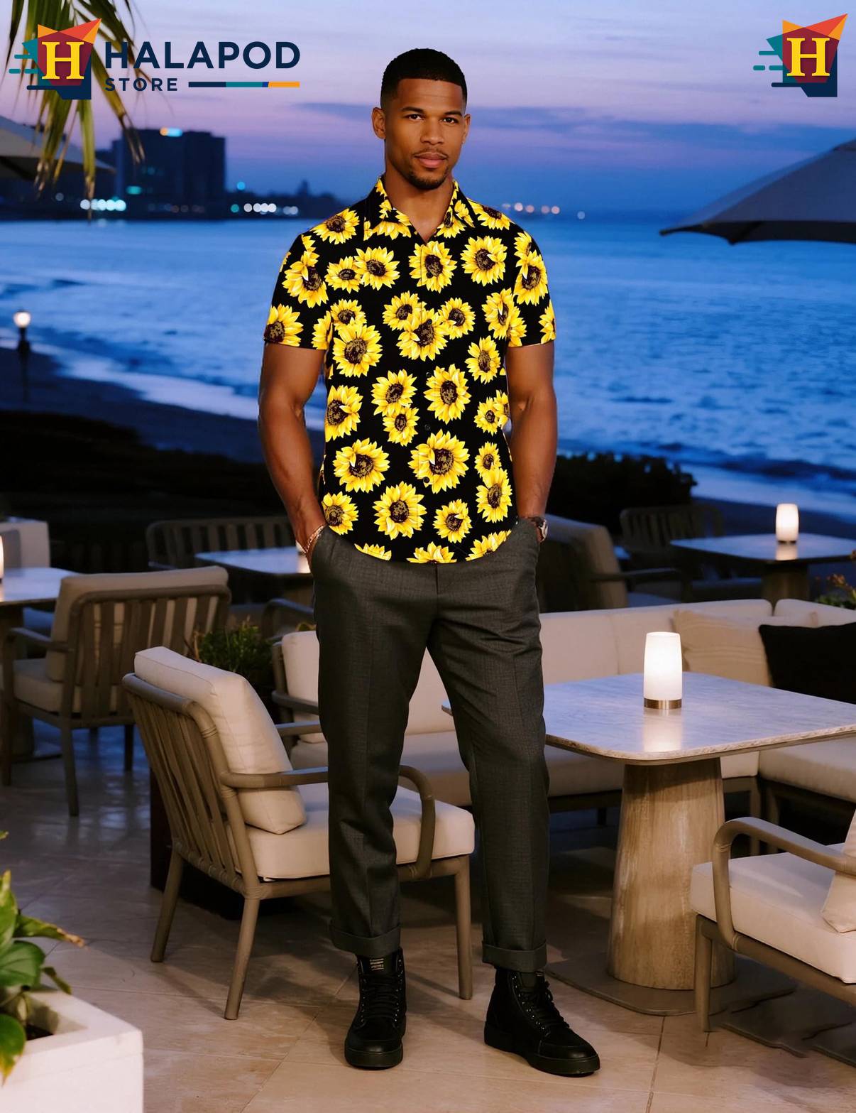 Black Sunflower Tropical Shirt Mens Tropical Beach Button Down Short Sleeve