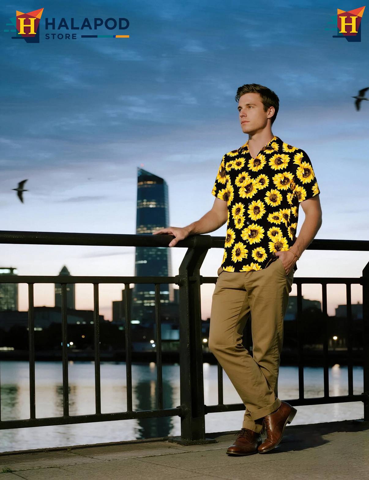 Black Sunflower Aloha Shirt Mens Tropical Beach Button Down Short Sleeve