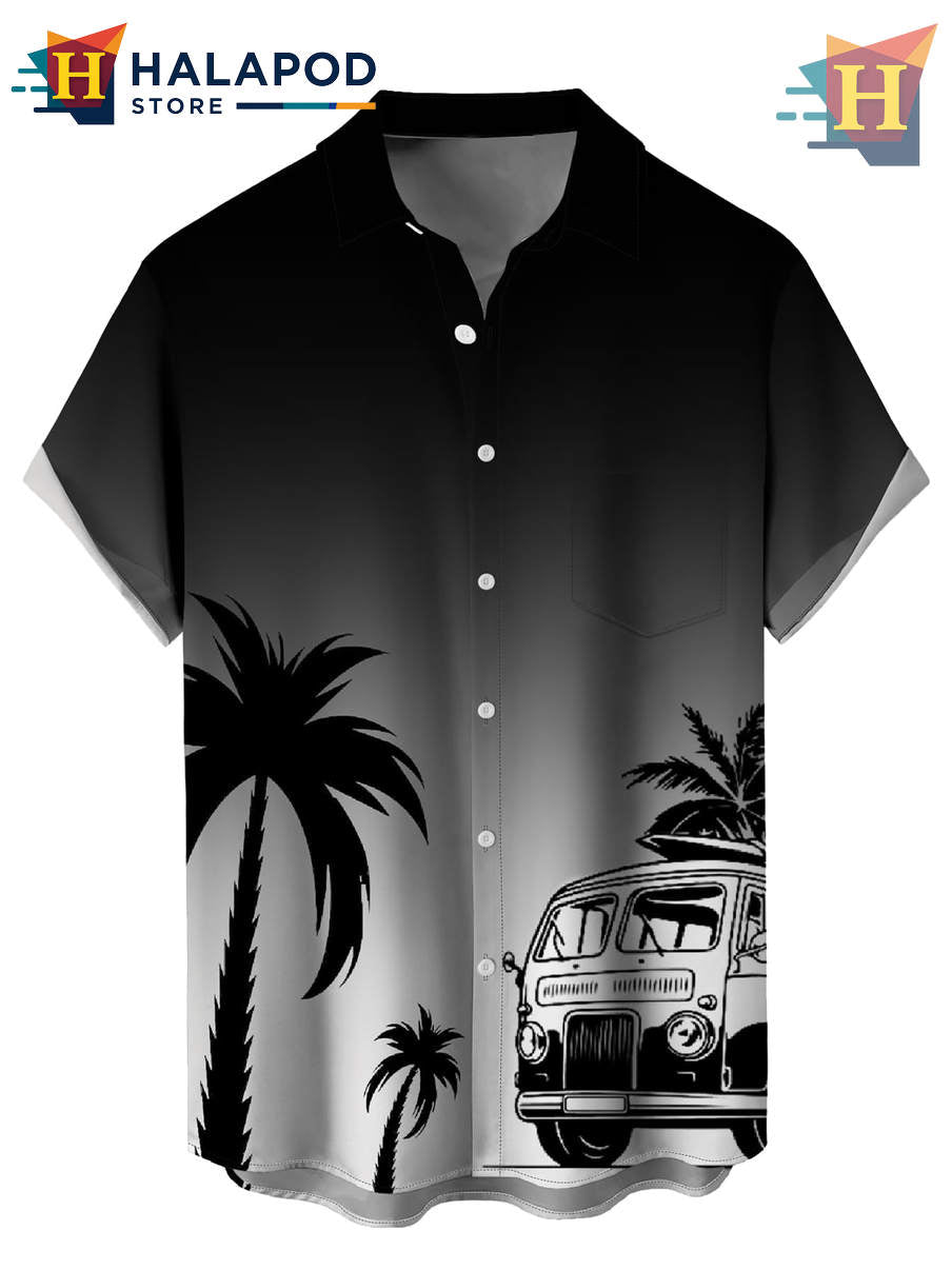 Black Tree Bus Beach Hawaiian Shirt 2026 Tropical Holiday Casual Mens Fan Gear