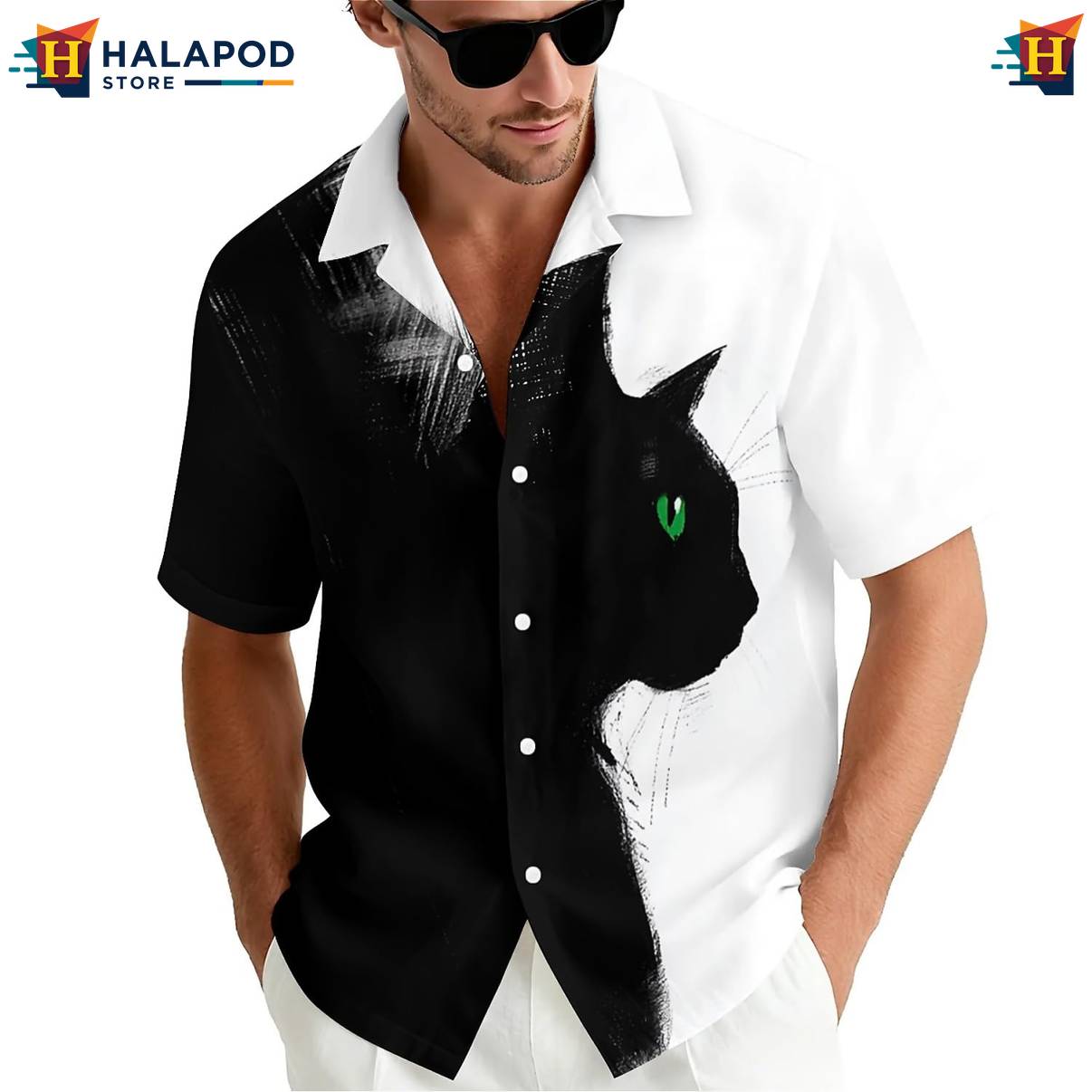 Black White Cat Short-sleeve button-up shirt Mens Short Sleeve Floral Button Down Mens