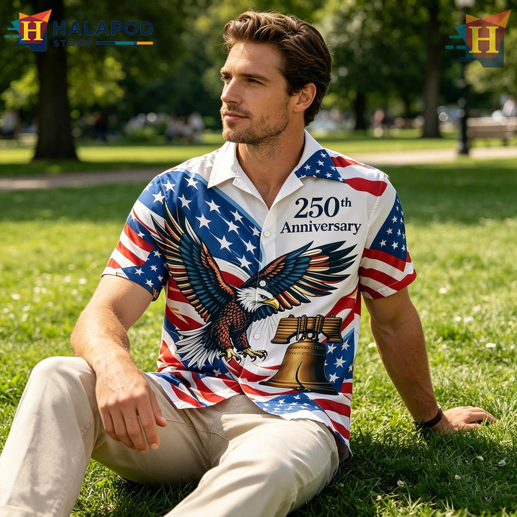 Blue America 250th Hawaiian Shirt 2026 Patriotic Fathers Independence Apparel