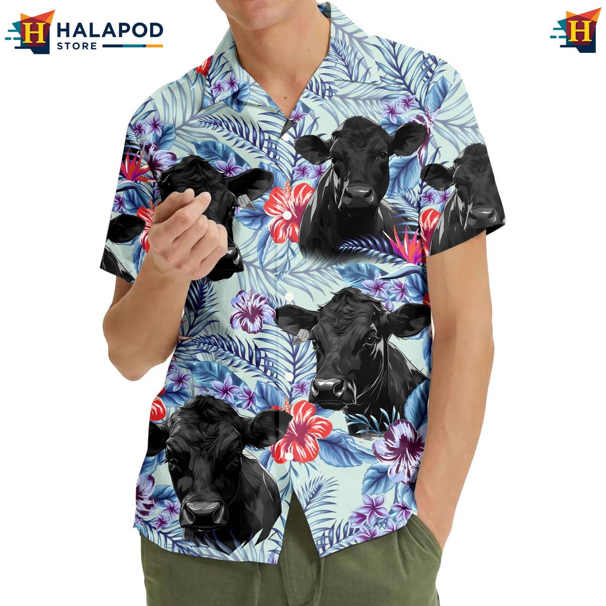 Blue Angus Cow Funny Short-sleeve button-up shirt Alien UFO Short Sleeve Button Down Tops