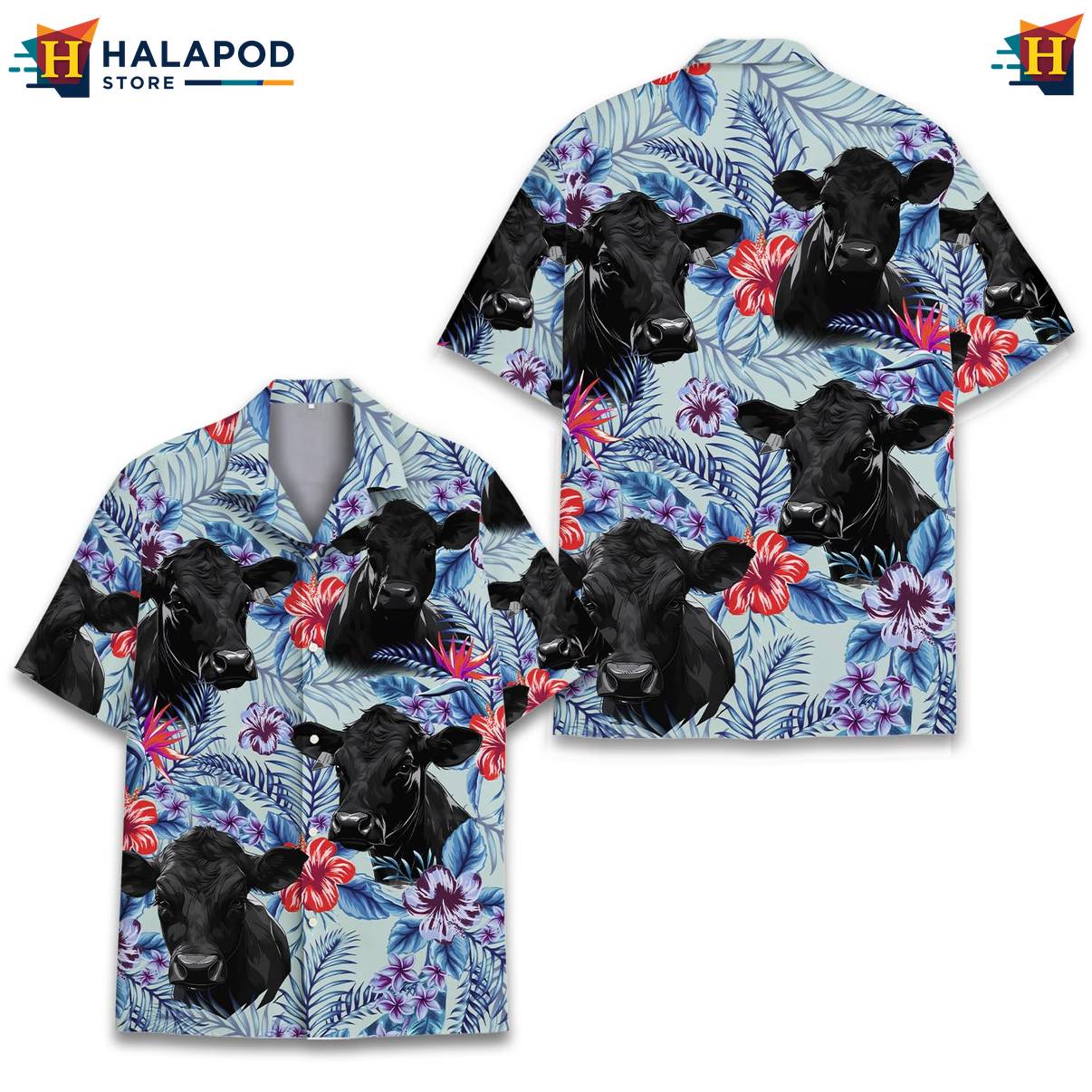 Blue Angus Cow Funny Aloha Shirt Alien UFO Short Sleeve Button Down Tops