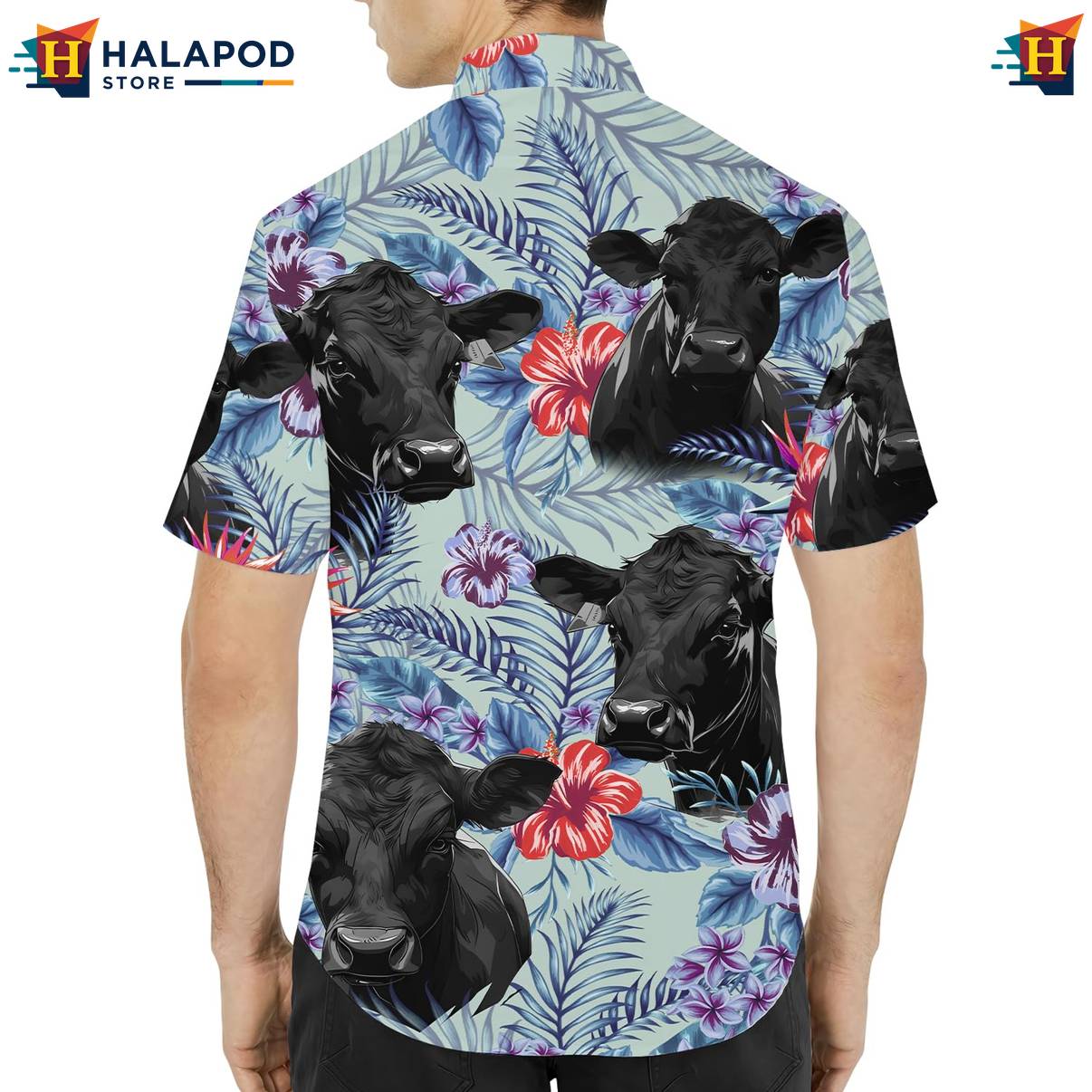 Blue Angus Cow Funny Short-sleeve button-up shirt Alien UFO Short Sleeve Button Down Tops