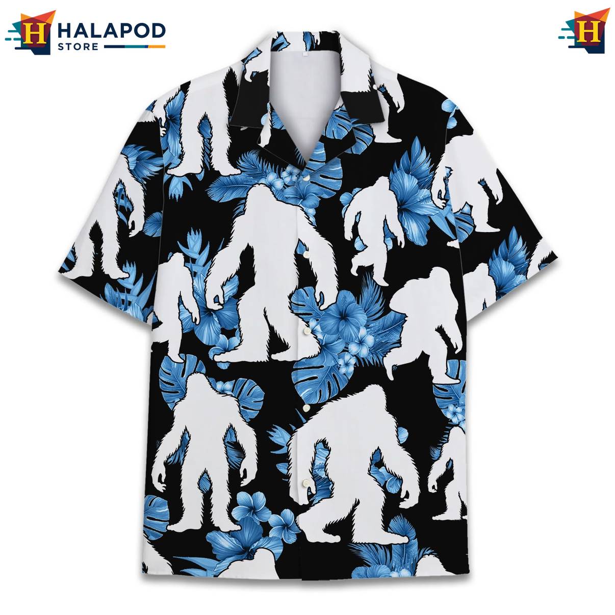 Blue Bigfoot Funny Hawaiian Shirt Alien UFO Short Sleeve Button Down Tops