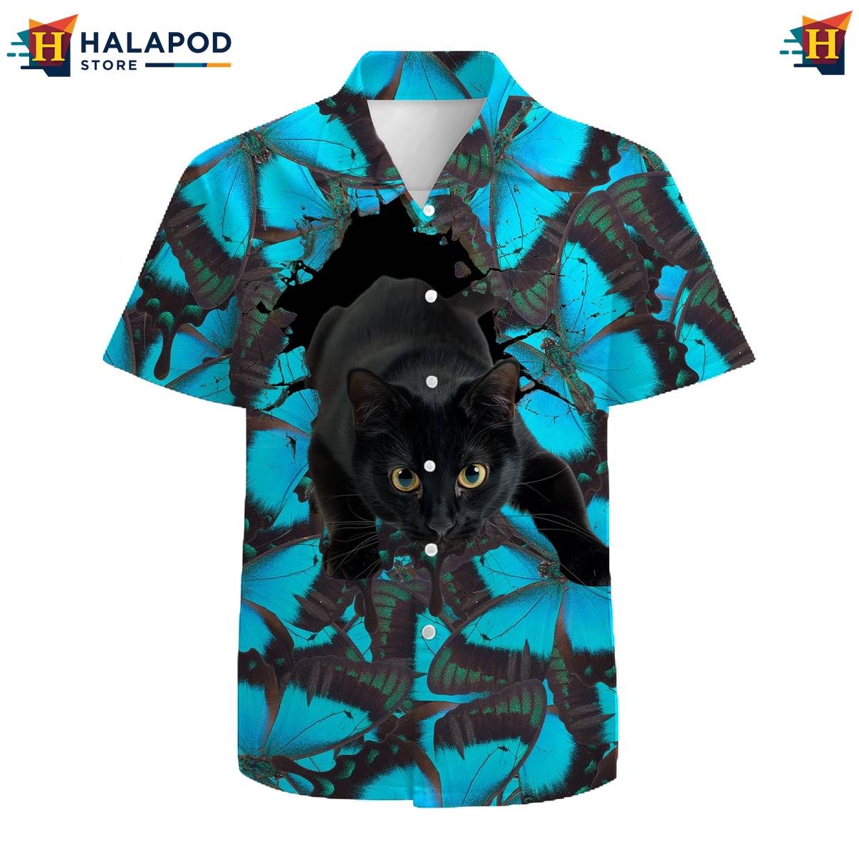 Blue Butterflies Cat Hawaiian Shirt Mens Short Sleeve Floral Button Down