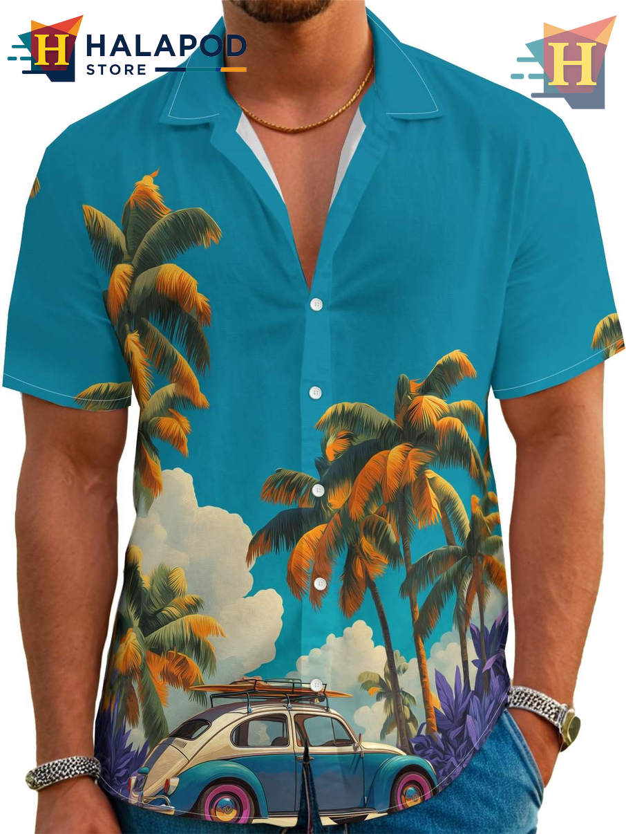 Blue Car Hawaiian Shirt Funny Mens Beach Tropical Holiday Casual Button Down