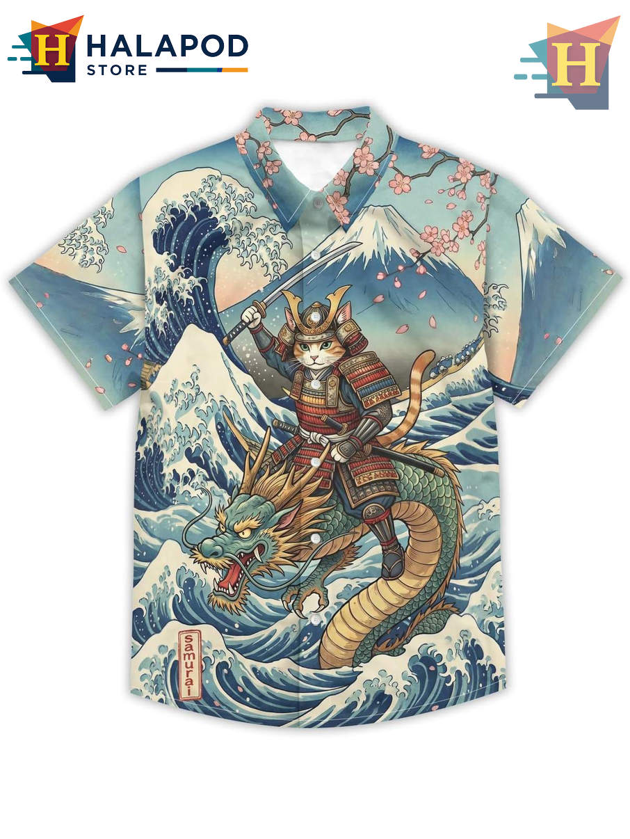 Blue Cat Dragon Hawaiian Shirt Mens Japanese Style Tropical Holiday Button Up