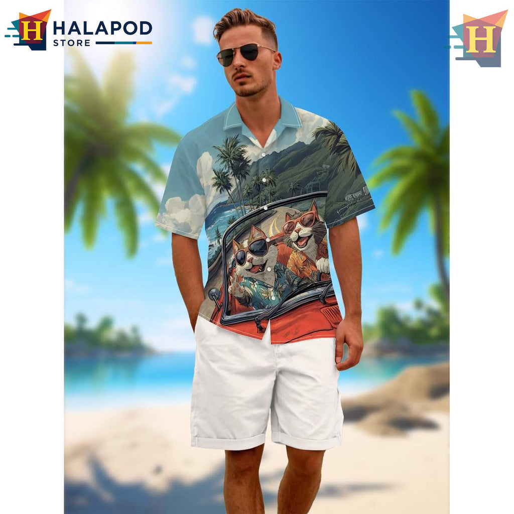 Blue Cat Hawaiian Shirt Funny Cartoon Print Mens Beach Vacation Casual Outfit