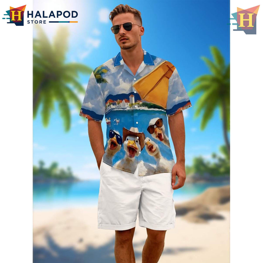 Blue Duck Hawaiian Shirt Funny Cartoon Mens Beach Vacation Casual Button Down