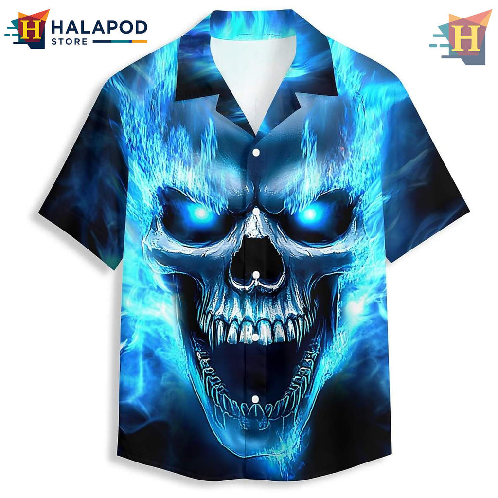 Blue Flame Skull Hawaiian Shirt 3D Graphic Mens Casual Button Down Beachwear