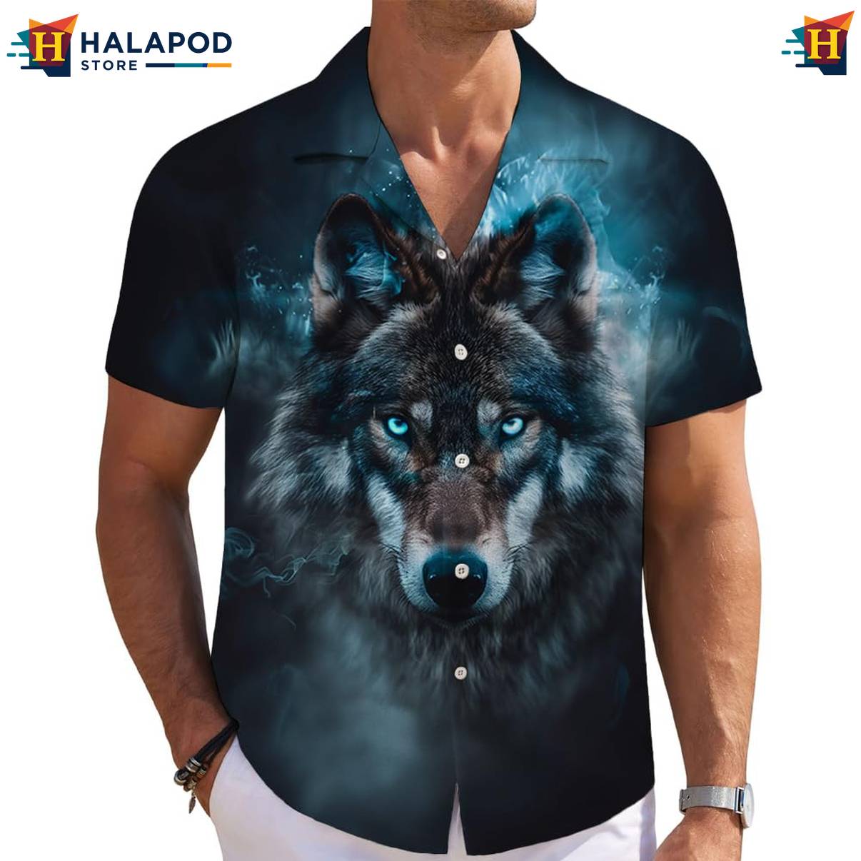 Blue Flame Wolf Short-sleeve button-up shirt Mens Short Sleeve Floral Button Down Outfit