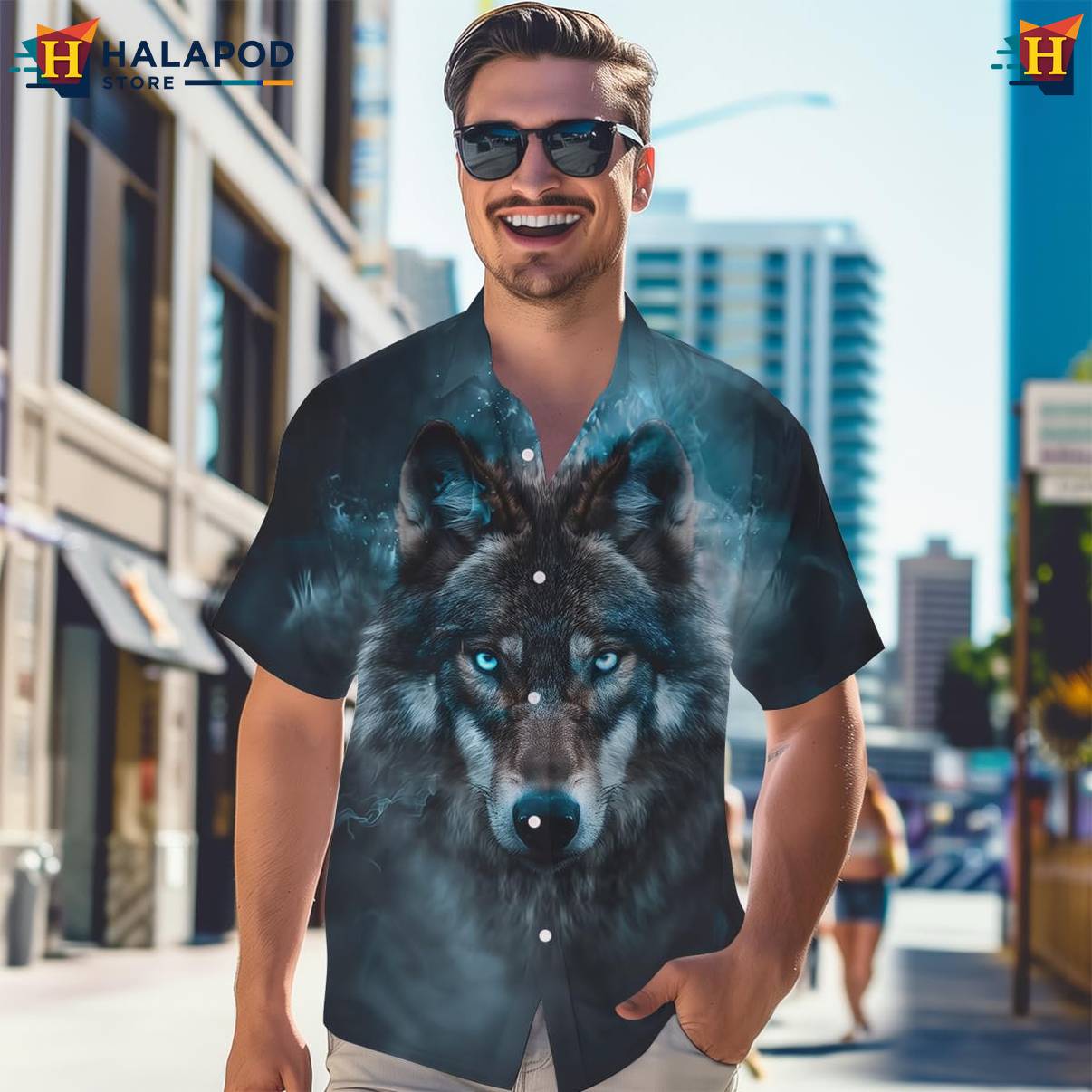 Blue Flame Wolf Tropical Shirt Mens Short Sleeve Floral Button Down Outfit