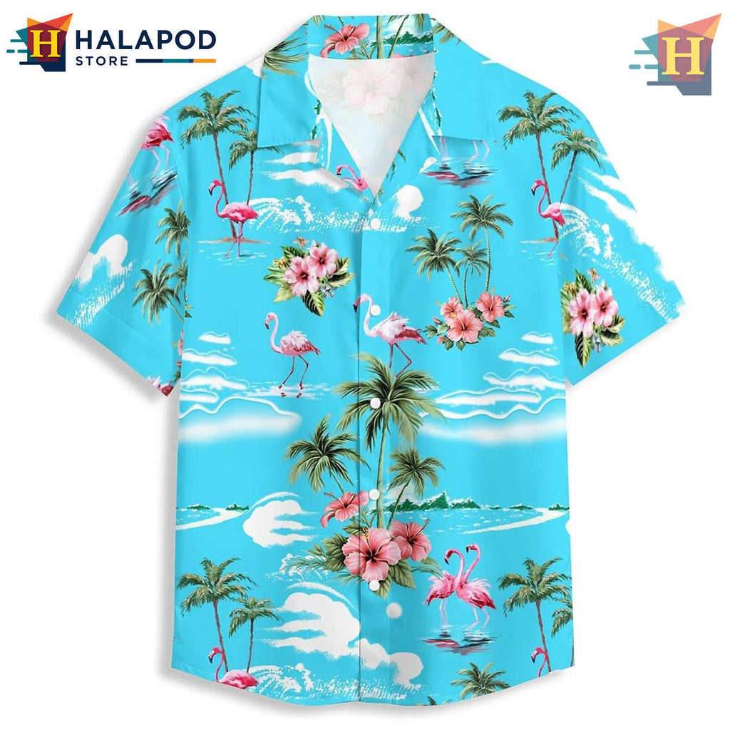 Blue Flamingo Hawaiian Shirt Hibiscus 3D Graphic Mens Casual Beachwear Tops