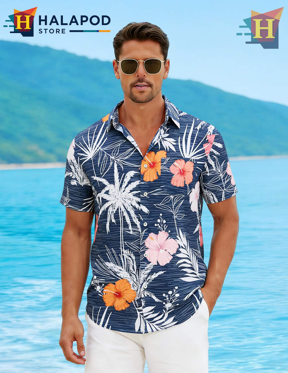 Blue Flower Hawaiian Shirt Casual Summer Beach Tropical Outfits Mens Fan Apparel