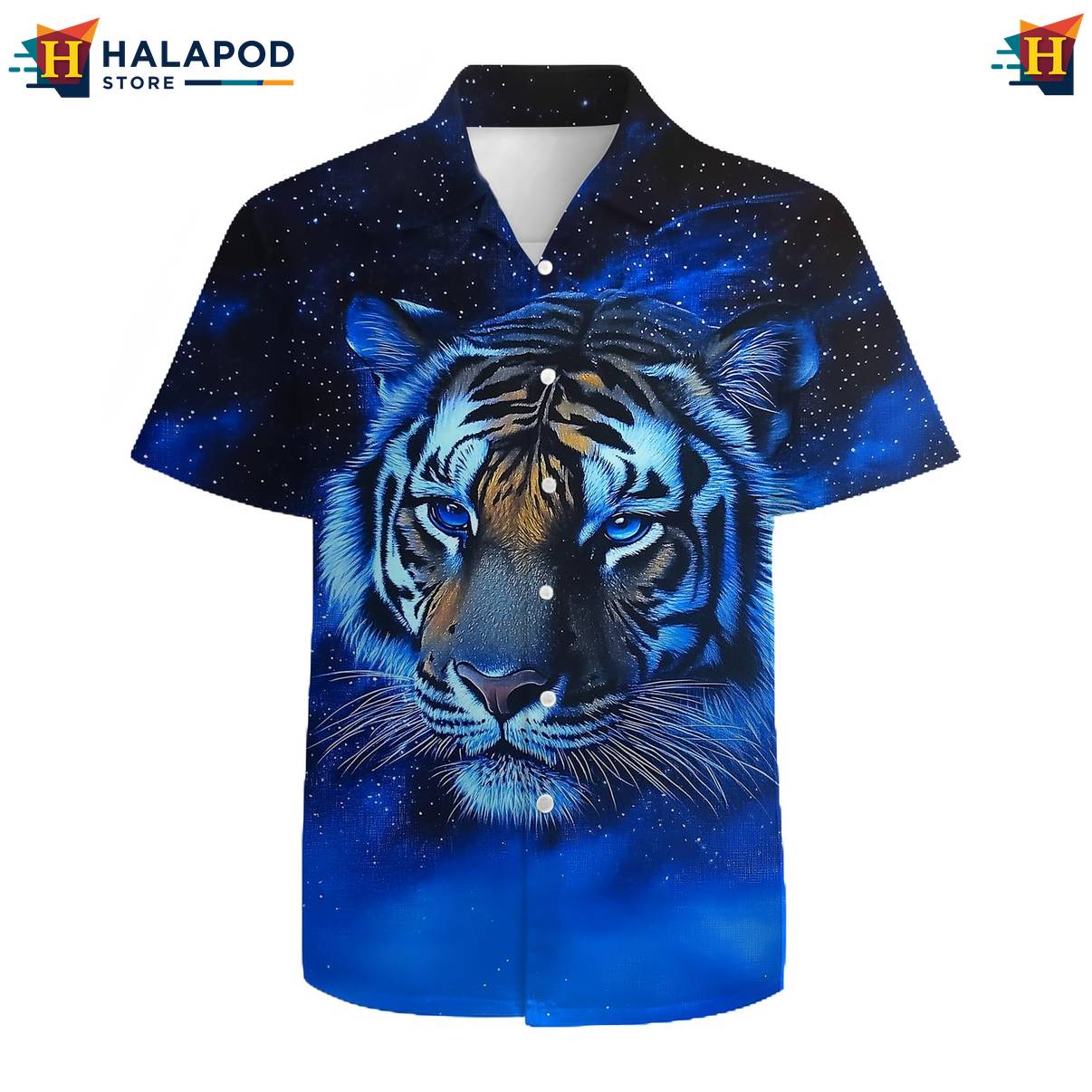 Blue Galaxy Tiger Hawaiian Shirt Mens Short Sleeve Floral Button Down Mens