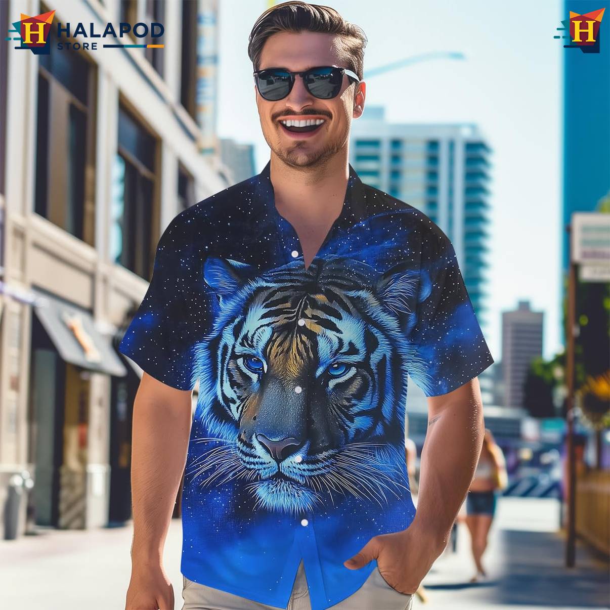 Blue Galaxy Tiger Tropical Shirt Mens Short Sleeve Floral Button Down Mens