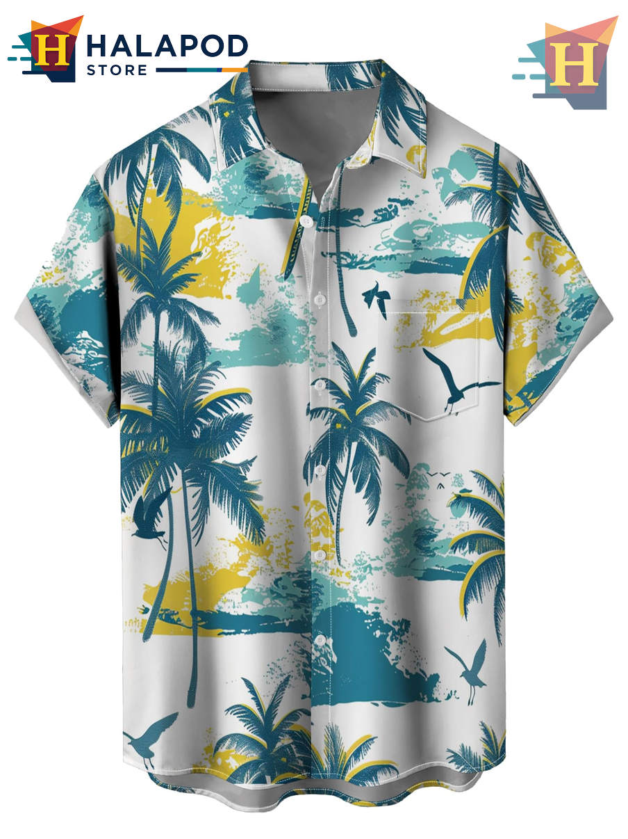 Blue Green Coconut Tree Hawaiian Shirt Tropical Holiday Casual Beach Fan Gear