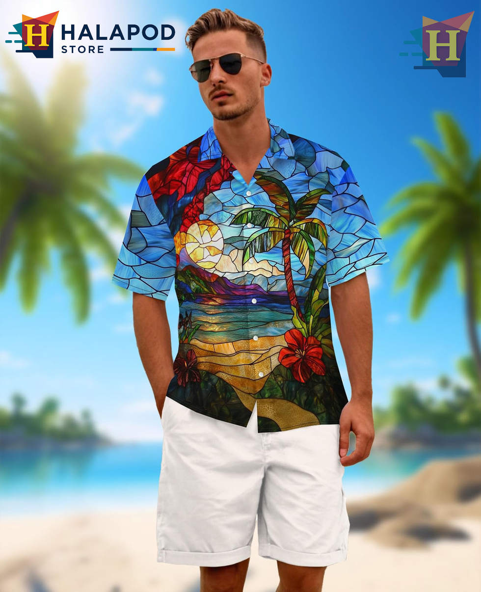 Blue Hawaiian Shirt Summer Beach Tropical Vacation Print Aloha Casual Mens Gear