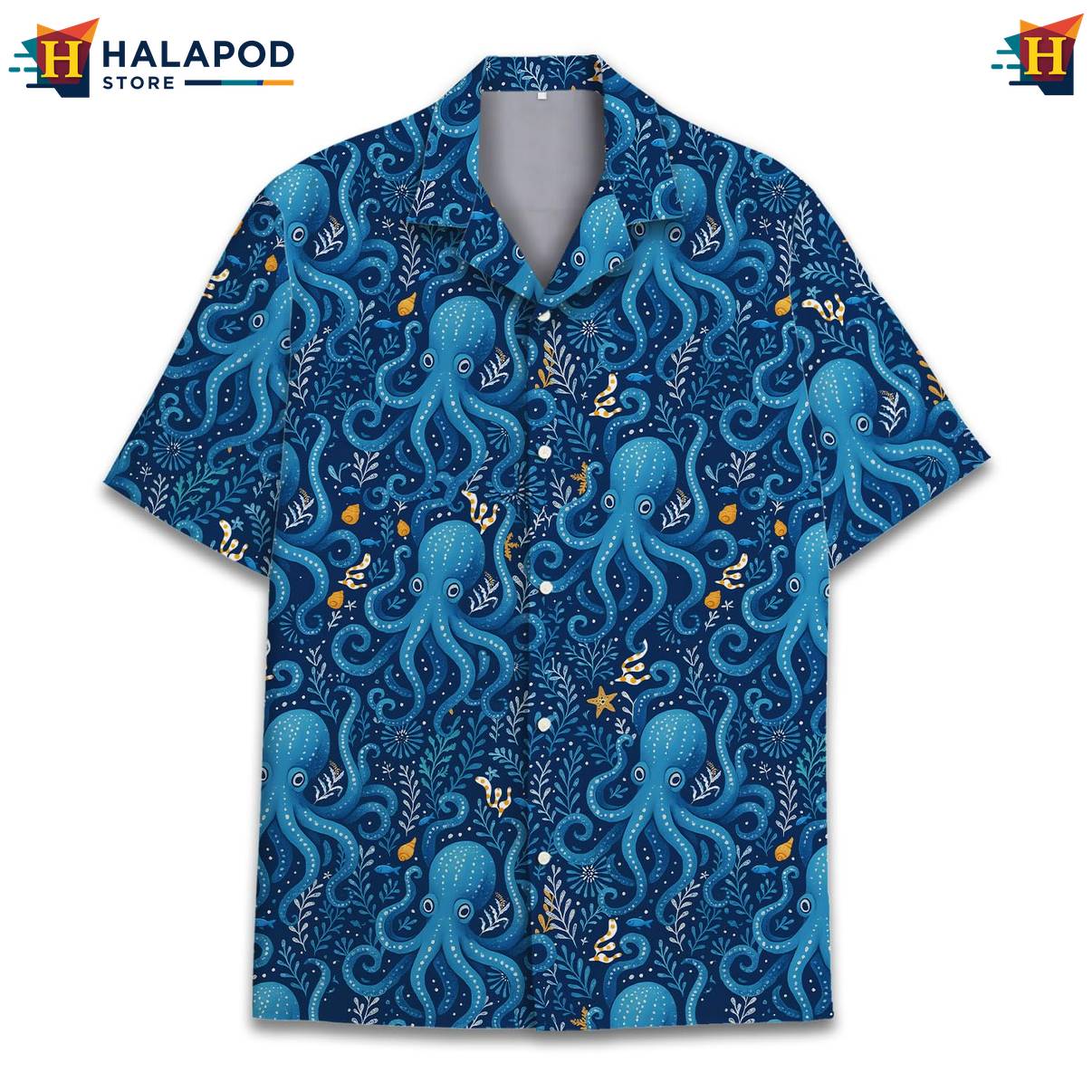 Blue Octopus Funny Hawaiian Shirt Alien UFO Short Sleeve Button Down Tops