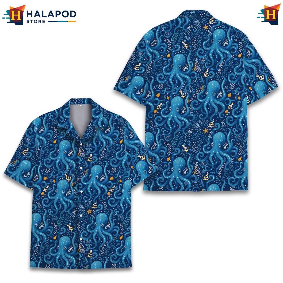 Blue Octopus Funny Tropical Shirt Alien UFO Short Sleeve Button Down Tops