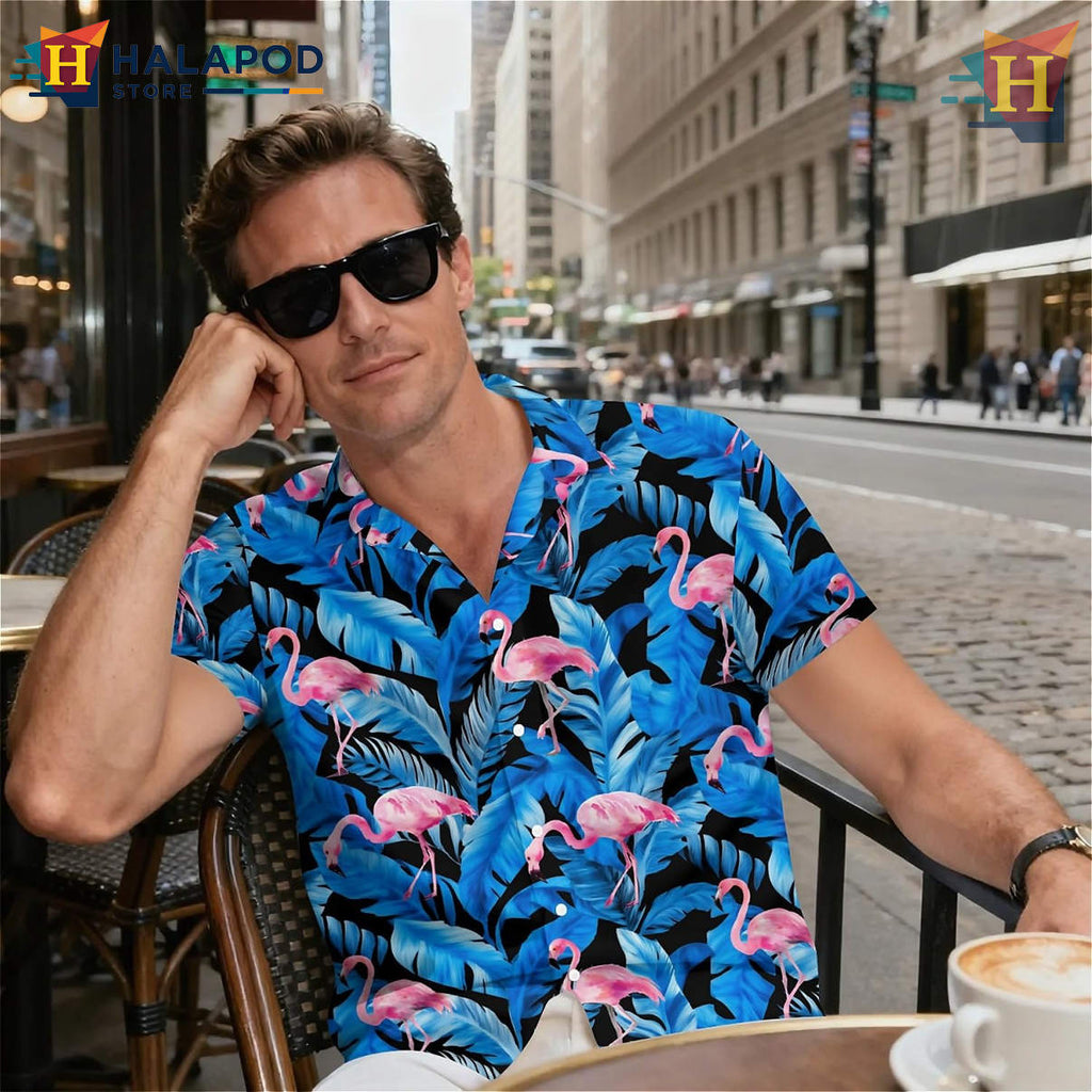 Blue Palm Tree Flamingo Hawaiian Shirt Funny Tropical Holiday Summer Mens Shirt