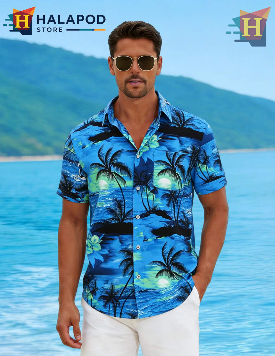 Blue Palm Tree Hawaiian Shirt Casual Summer Beach Tropical Outfits Mens Apparel
