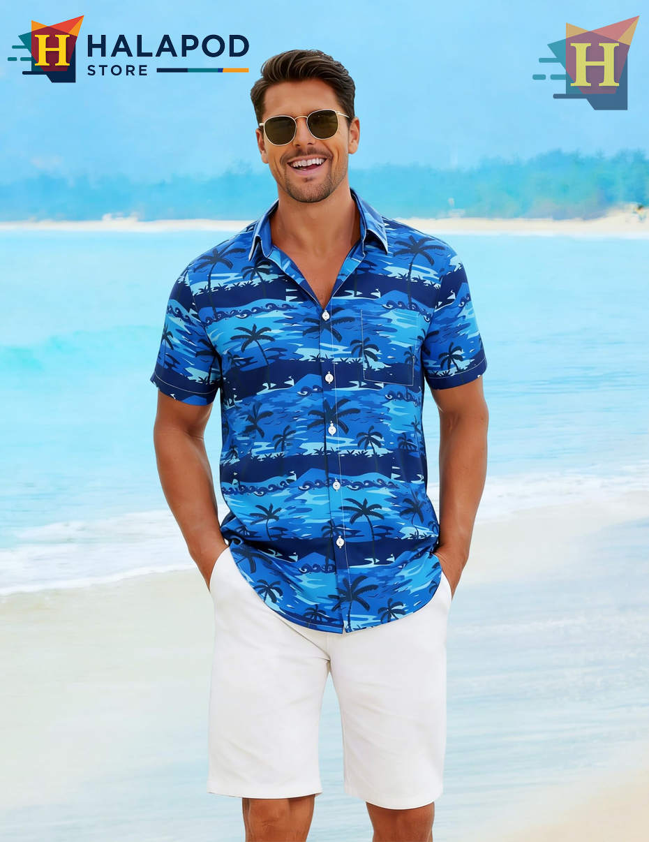 Blue Palm Tree Hawaiian Shirt Summer Casual Beach Tropical Outfits Mens Shirt