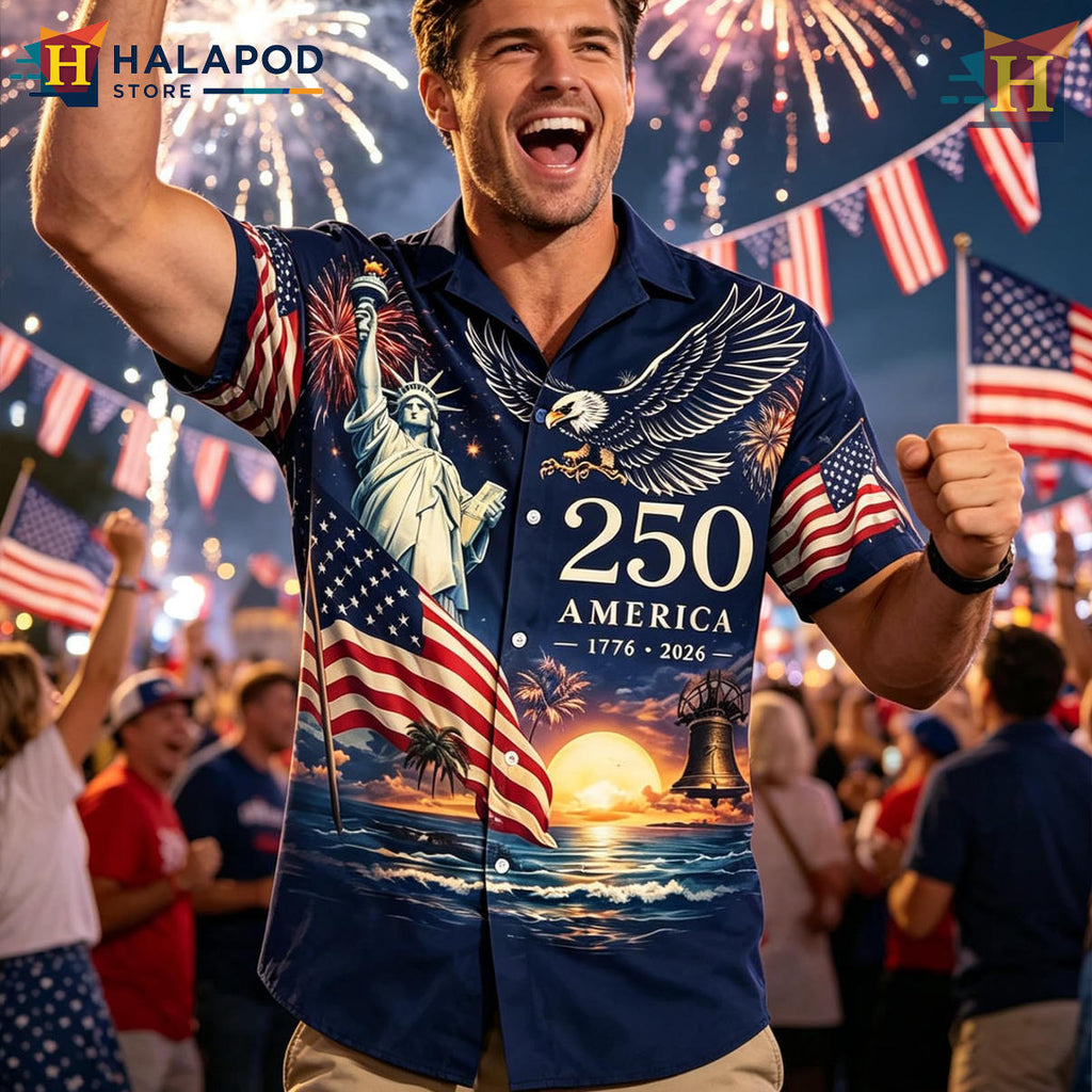 Blue Patriotic 250th Hawaiian Shirt 2026 America Fathers Independence Apparel