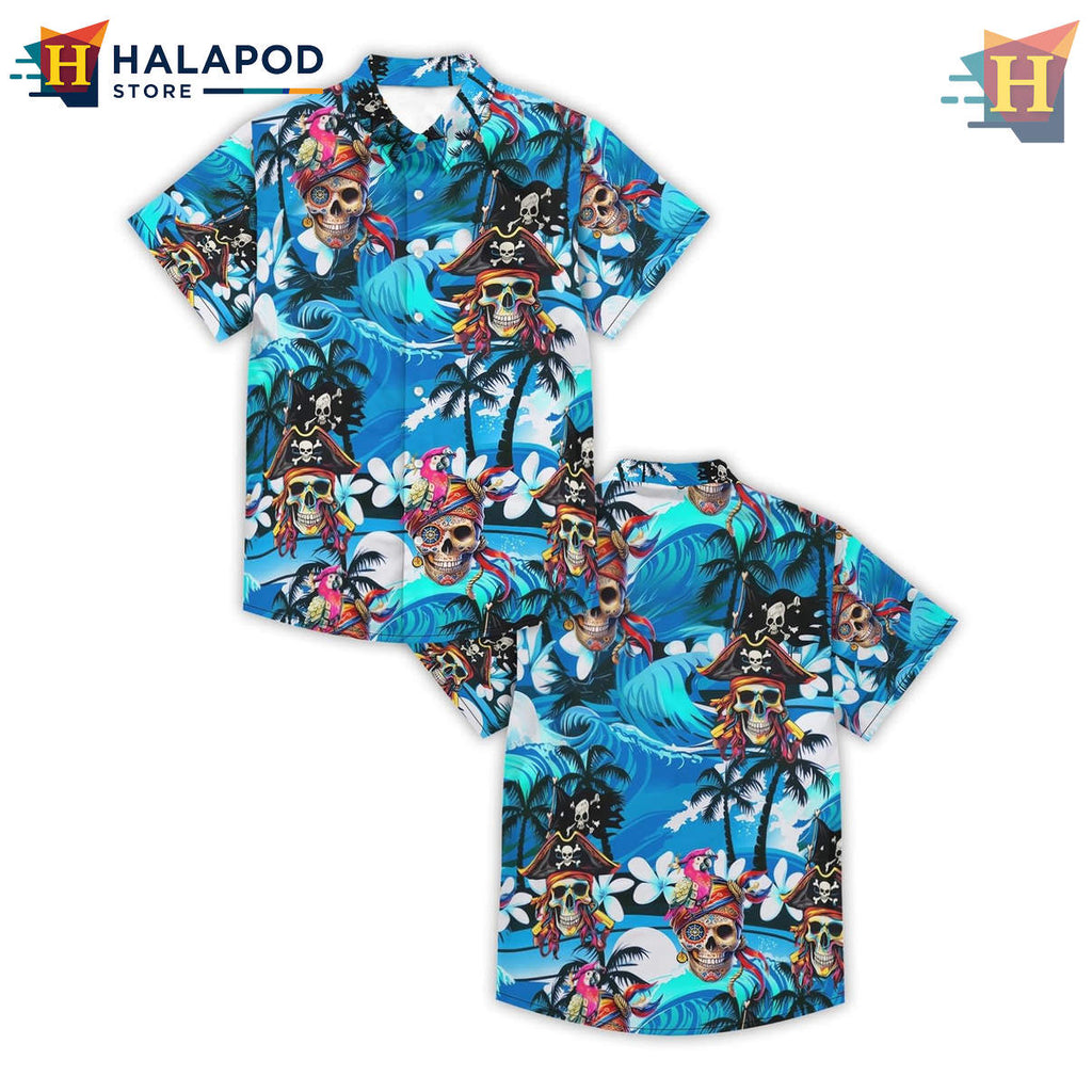 Blue Pirate King Hawaiian Shirt Funny Summer Beach Vacation Casual Mens Apparel