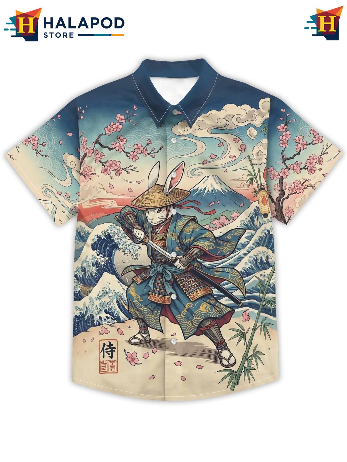 Blue Rabbit Japanese Hawaiian Shirt Tropical Beach Short Sleeve Casual Mens