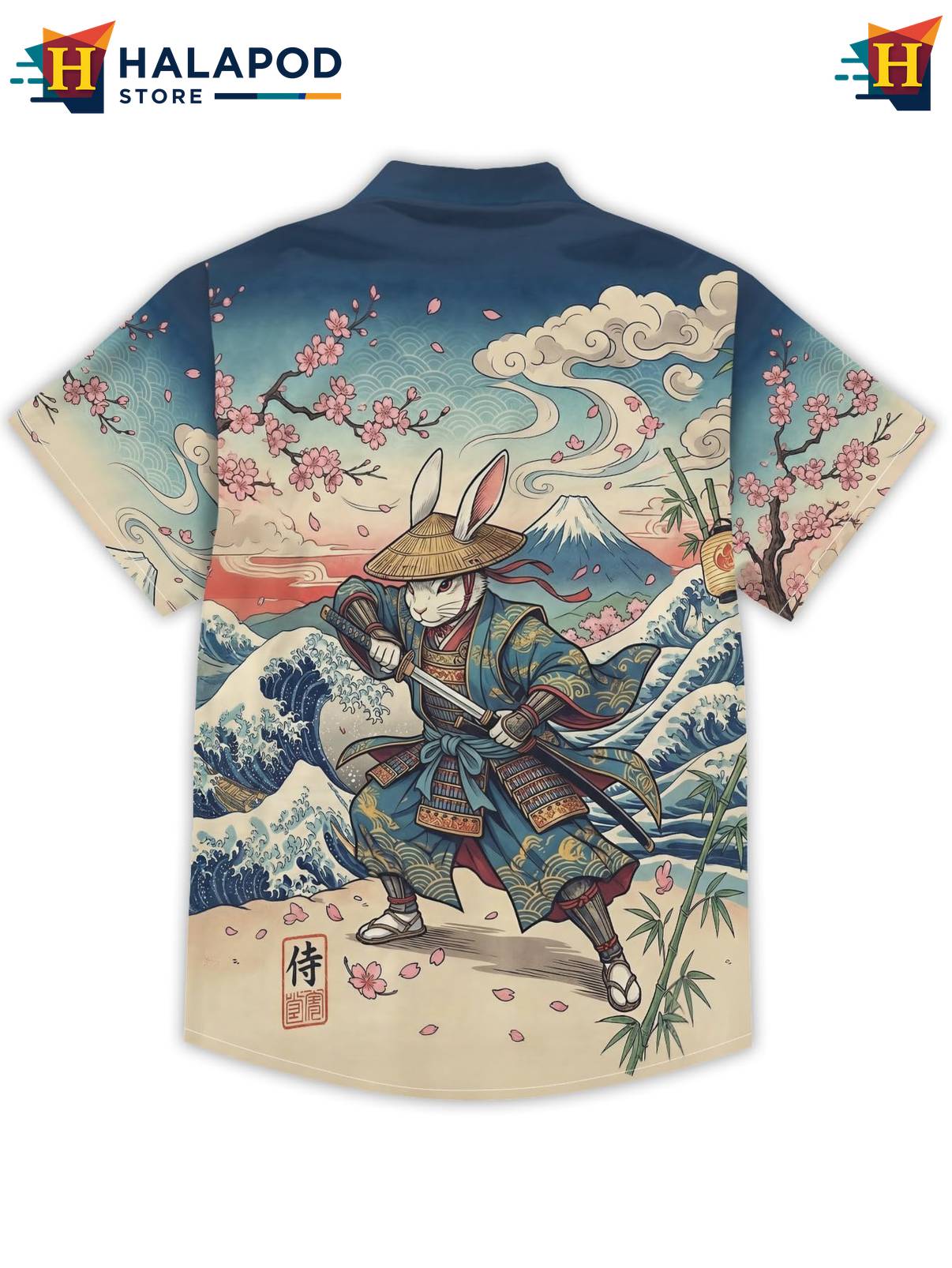 Blue Rabbit Japanese Aloha Shirt Tropical Beach Short Sleeve Casual Mens