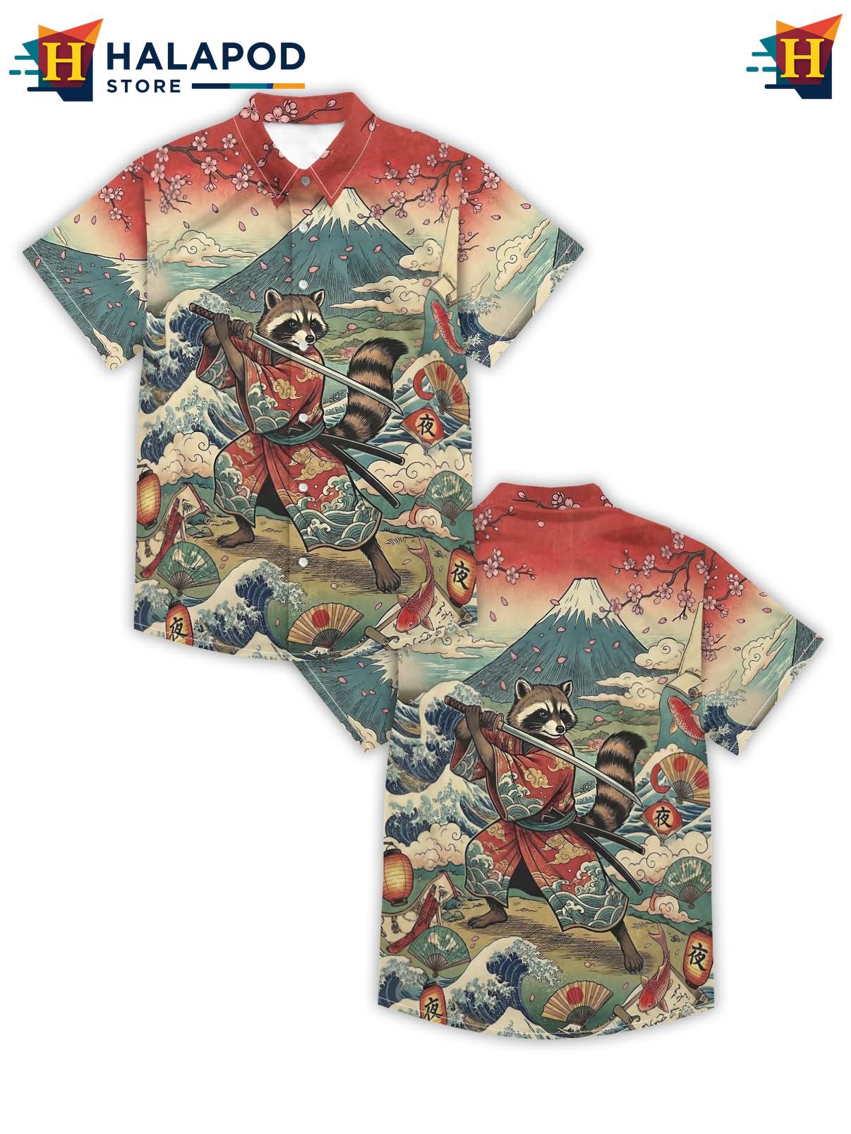 Blue Raccoon Japanese Aloha Shirt Tropical Beach Short Sleeve Casual Mens