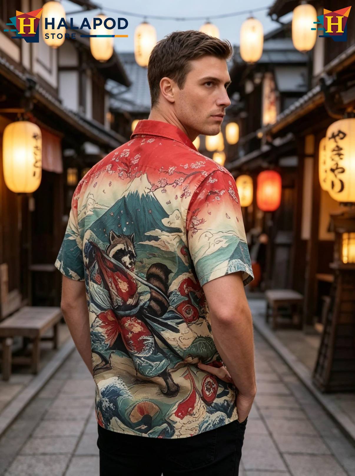 Blue Raccoon Japanese Short-sleeve button-up shirt Tropical Beach Short Sleeve Casual Mens