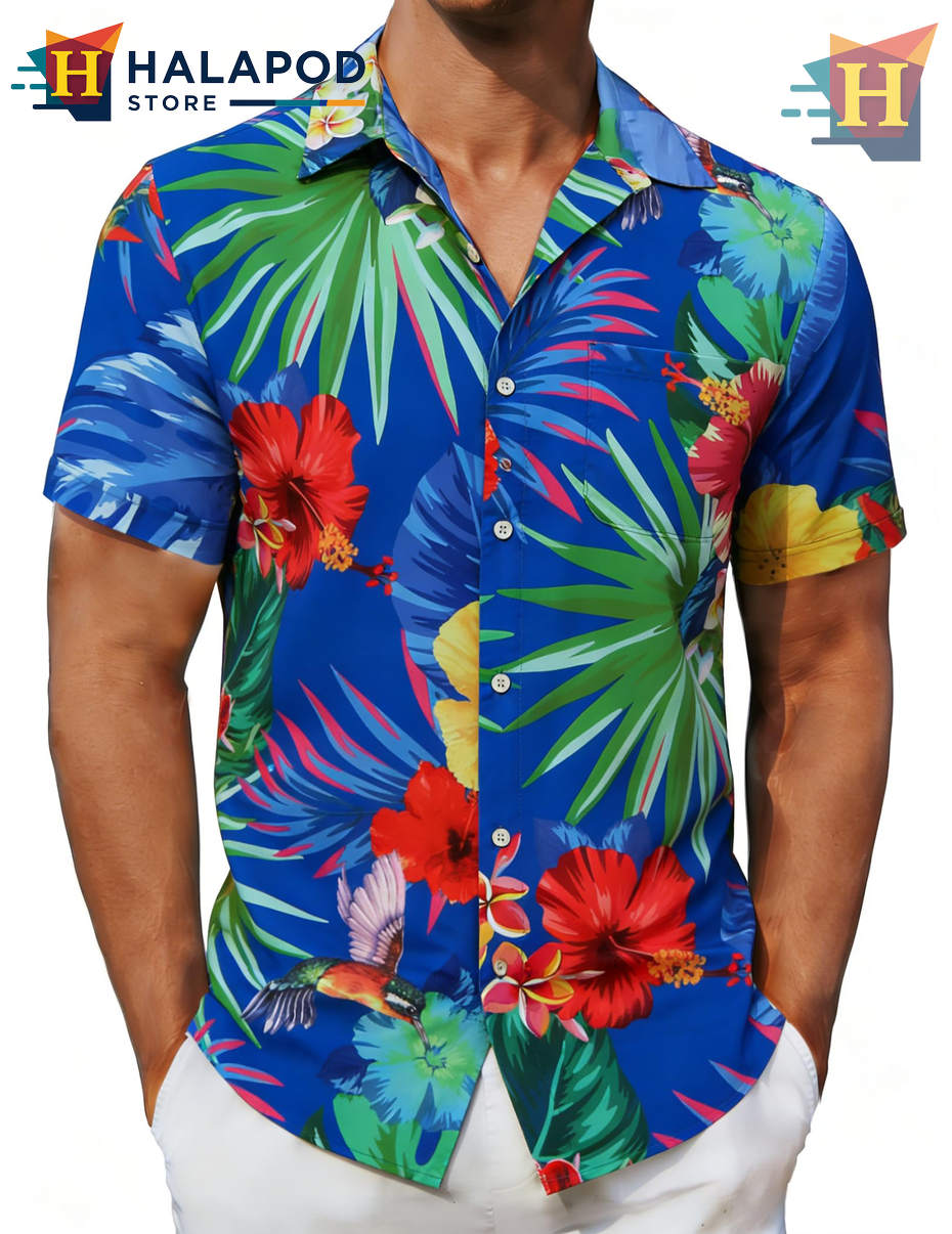 Blue Red Flower Hawaiian Shirt Casual Summer Beach Tropical Outfits Fan Apparel
