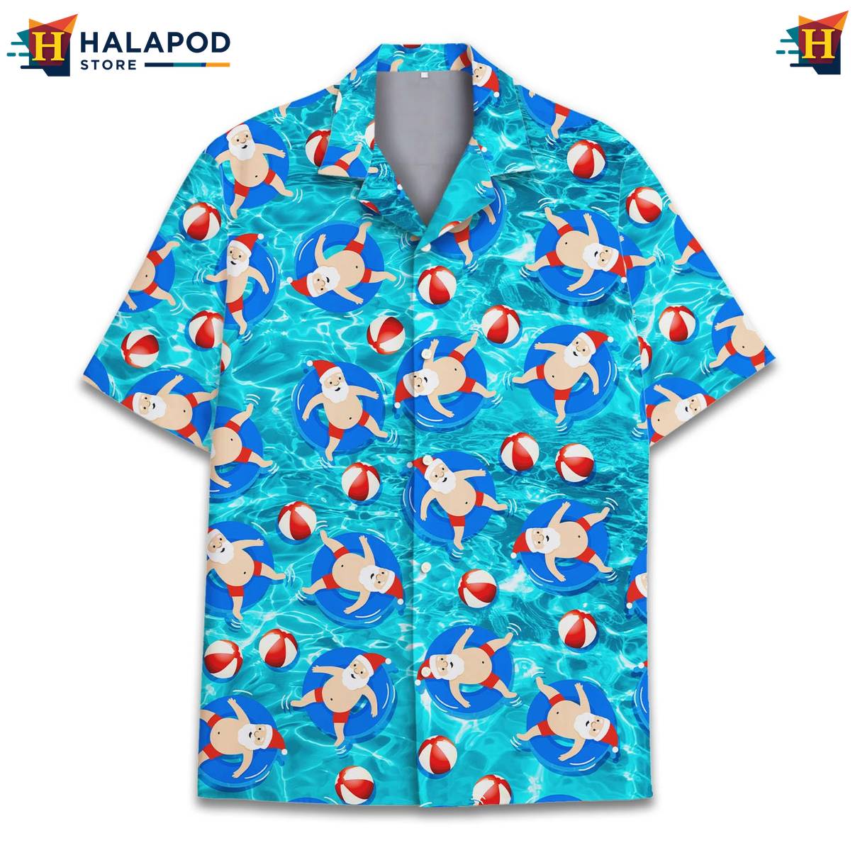 Blue Santa Pool Funny Hawaiian Shirt Alien UFO Short Sleeve Button Down Men