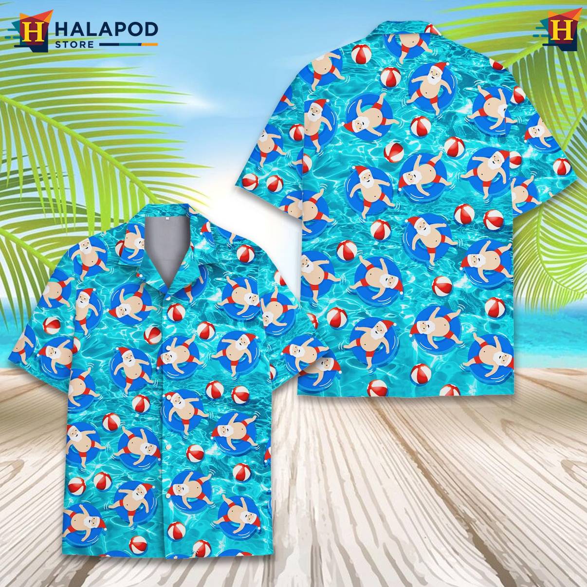 Blue Santa Pool Funny Tropical Shirt Alien UFO Short Sleeve Button Down Men